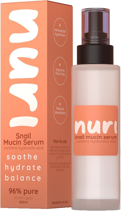 Nuri Snail Mucin Serum - 96% Snail Mucin & Hyaluronic Acid for Youthful, Hydrated Skin - Effortless Pump Application - Essential Korean Skincare Solution