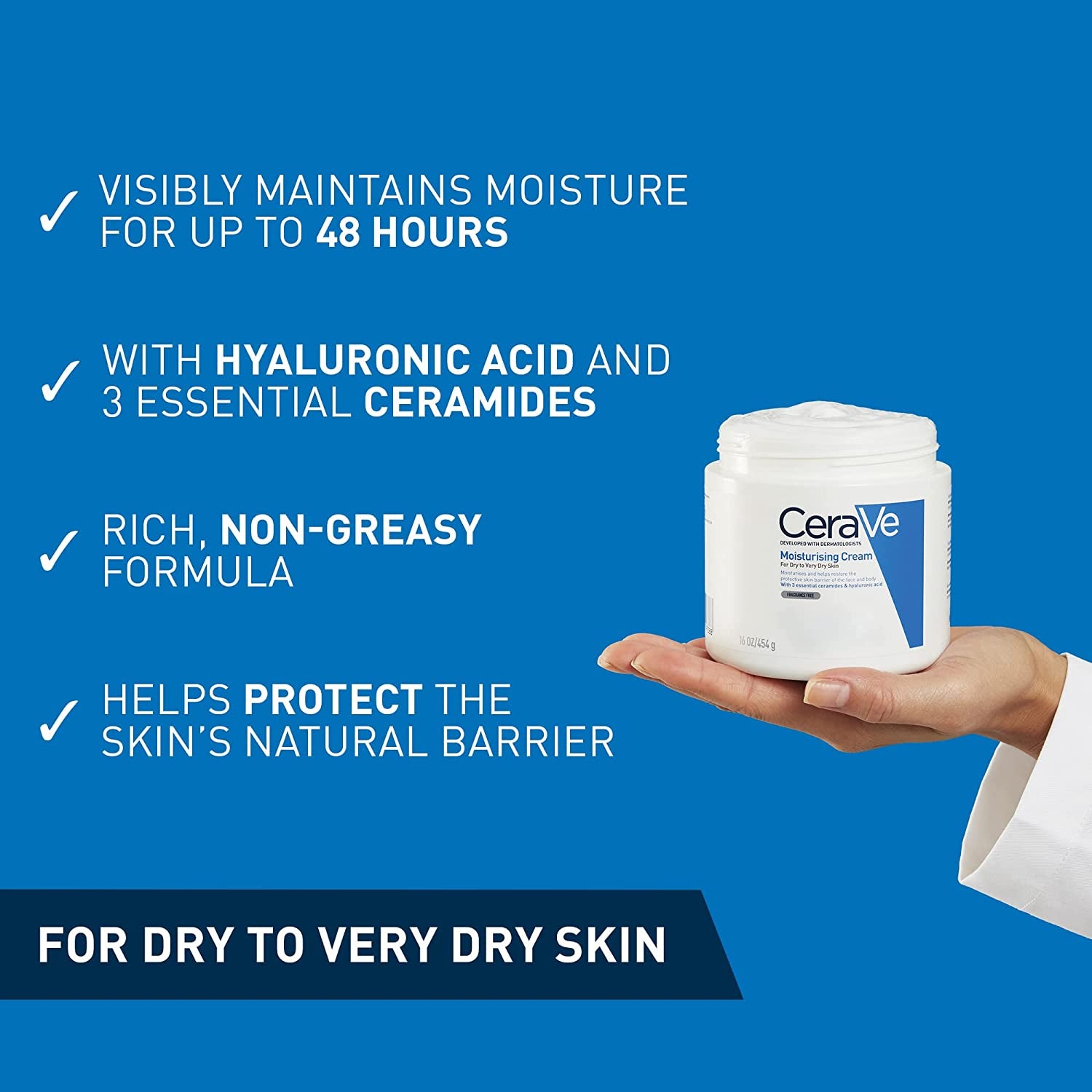 Advanced Moisturising Cream for Face and Body with 3 Essential Ceramides and Hyaluronic Acid - Ideal for Dry to Very Dry Skin, 454 G/16 Oz
