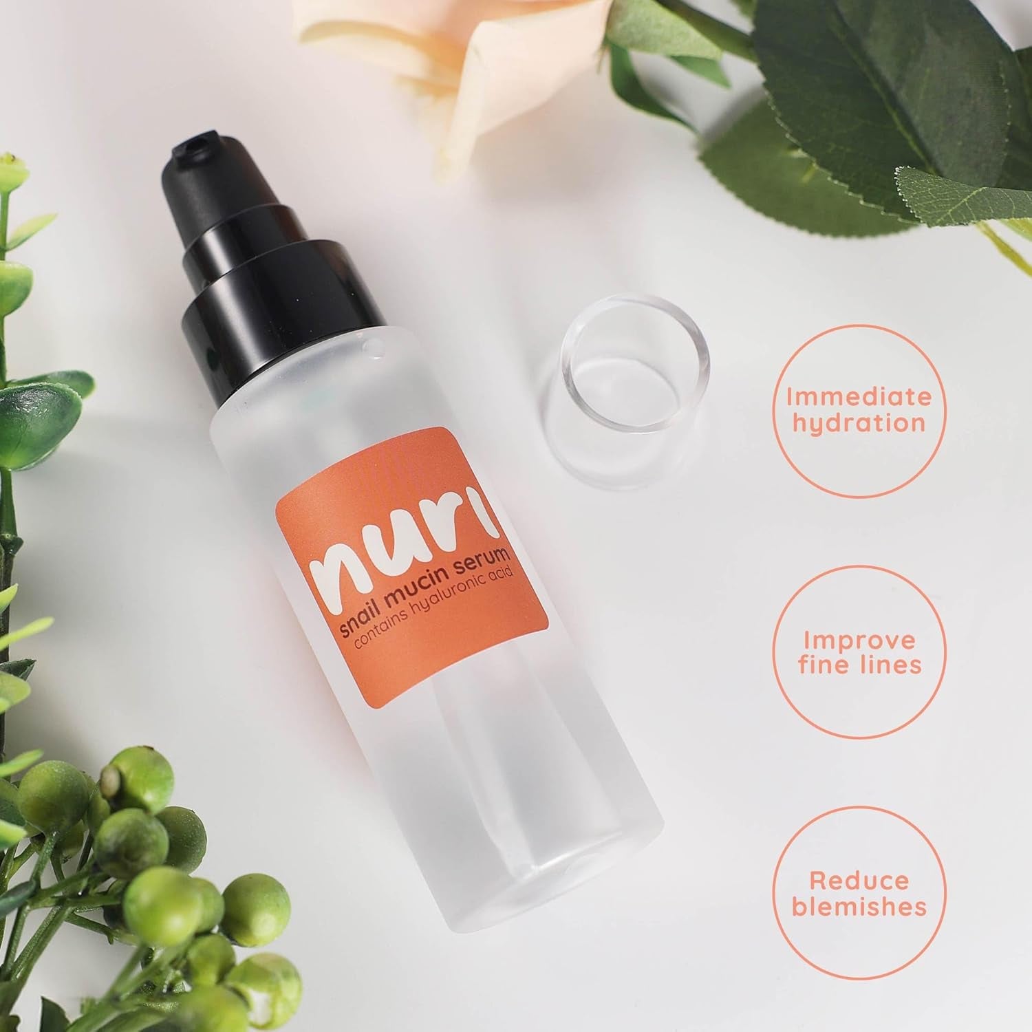 Nuri Snail Mucin Serum - 96% Snail Mucin & Hyaluronic Acid for Youthful, Hydrated Skin - Effortless Pump Application - Essential Korean Skincare Solution