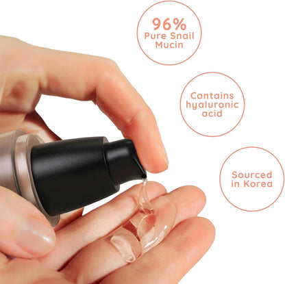 Nuri Snail Mucin Serum - 96% Snail Mucin & Hyaluronic Acid for Youthful, Hydrated Skin - Effortless Pump Application - Essential Korean Skincare Solution